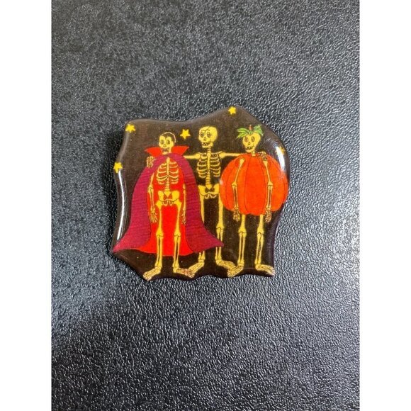 Vintage Skeleton Pumpkin Dracula Costume Halloween Friends Epoxy Brooch Pin - Picture 3 of 7